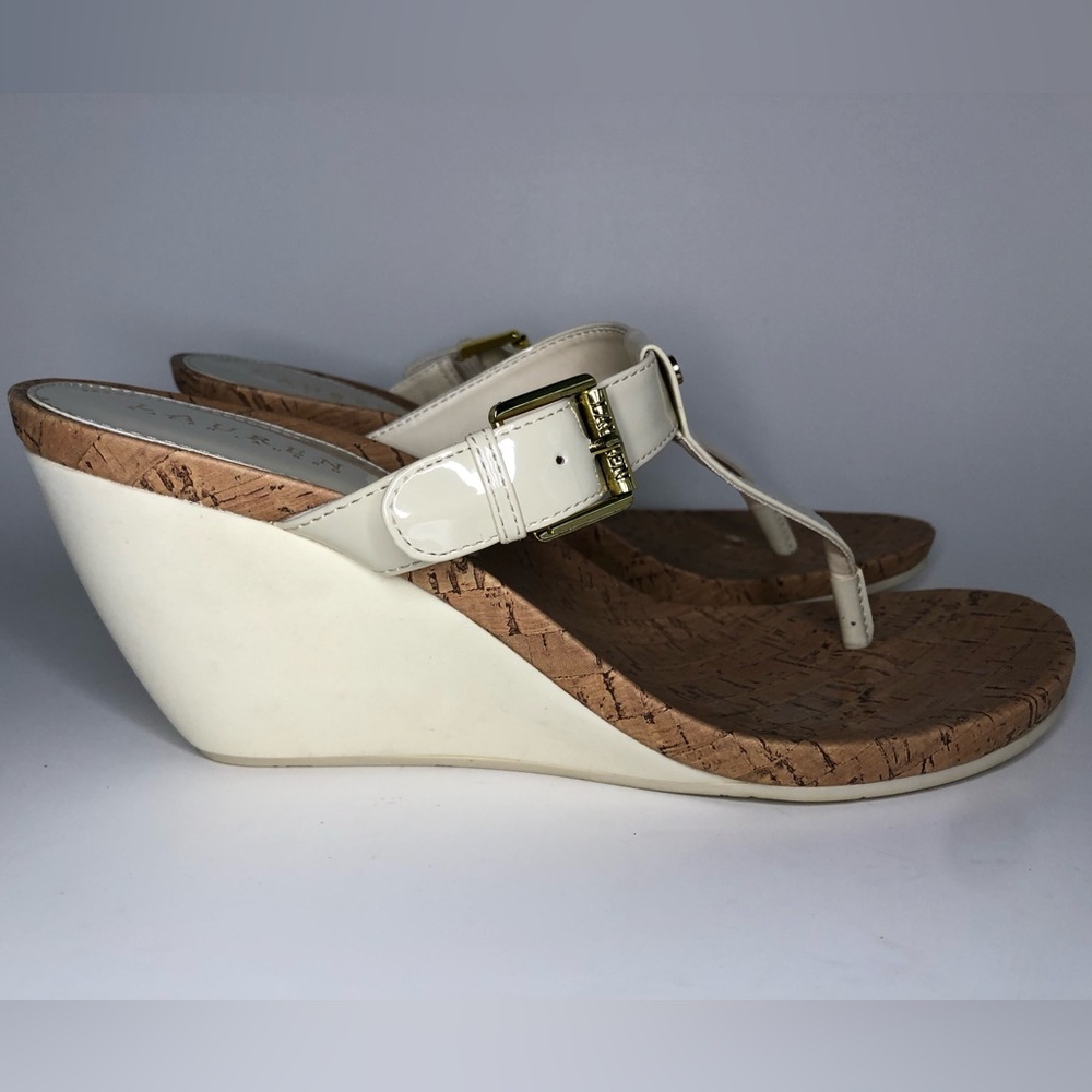 Ralph Lauren Cream Patent Leather T Strap Open Toe Wedge Sandal Size 10B